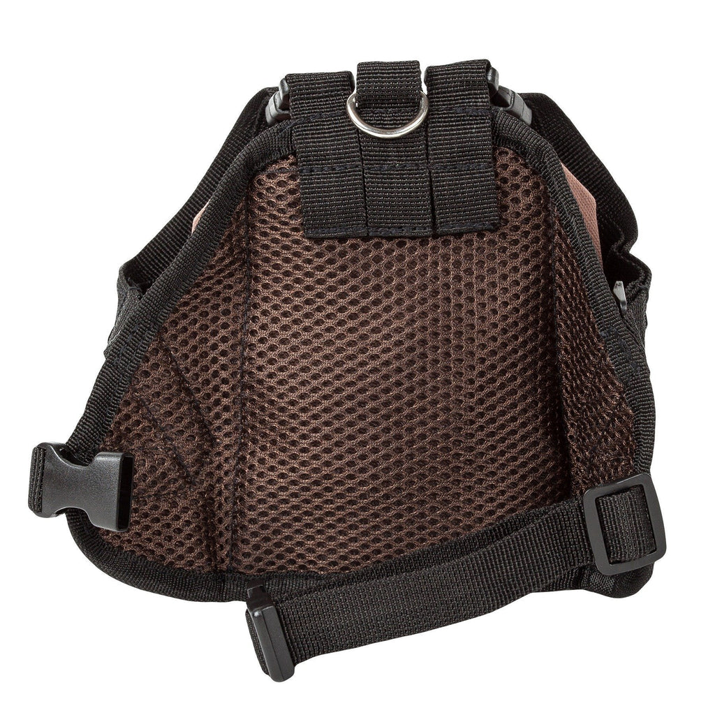 Brown dog harness backpack with breathable mesh back panel and strap fasteners