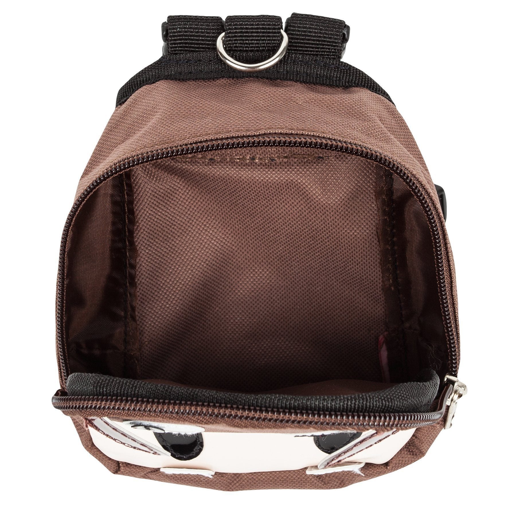 Open brown dog harness backpack with mesh-lined interior and zipper closure