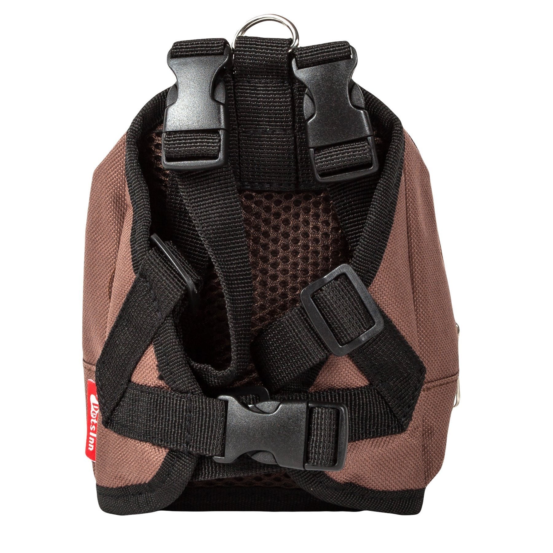 Back view of brown dog harness backpack with black adjustable straps and buckles