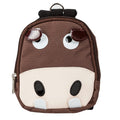 Brown mini backpack with cow face patch, zipper top and hanging carry loop