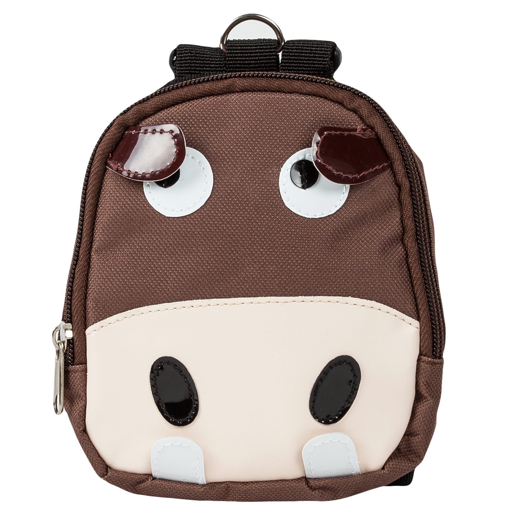 Brown mini backpack with cow face patch, zipper top and hanging carry loop