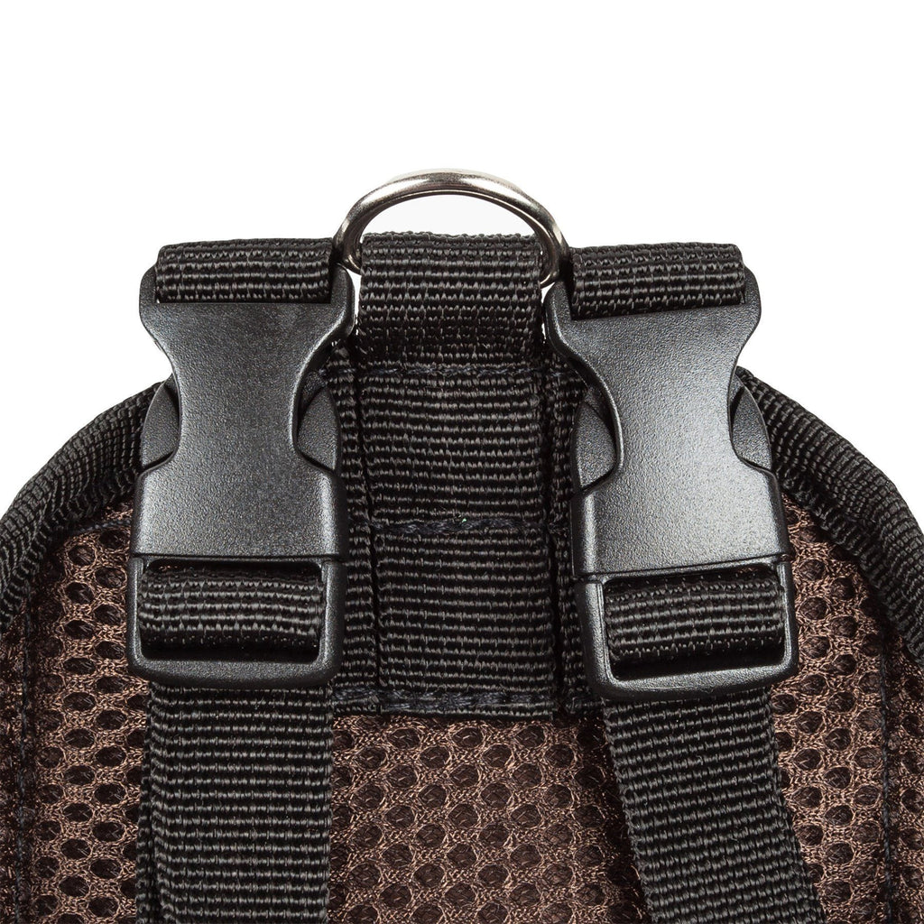 Close-up of black adjustable chest straps with metal ring on brown harness pack