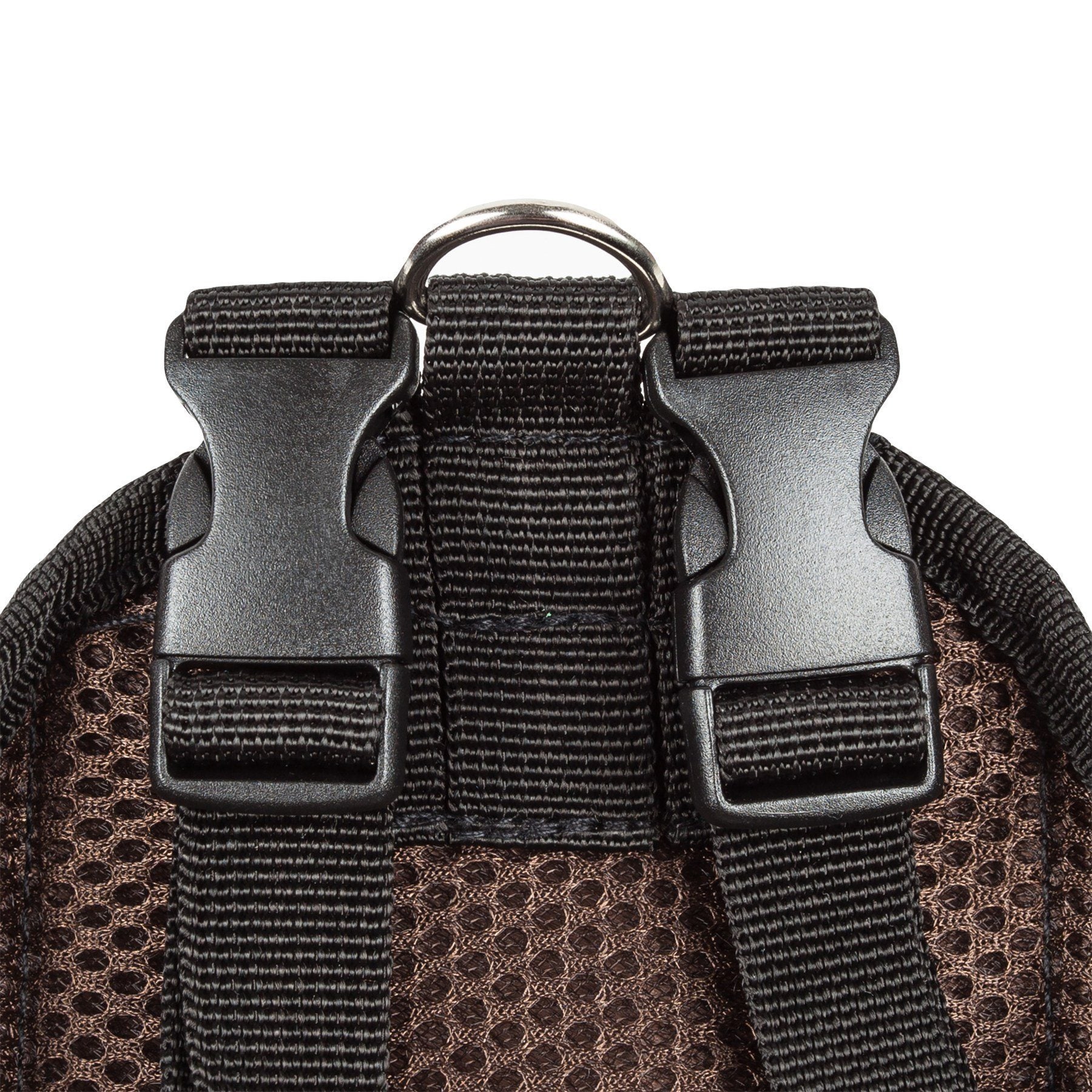 Close-up of black adjustable chest straps with metal ring on brown harness pack
