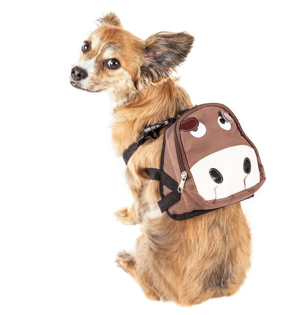 Dog harness backpack with cow face front, brown fabric and black straps