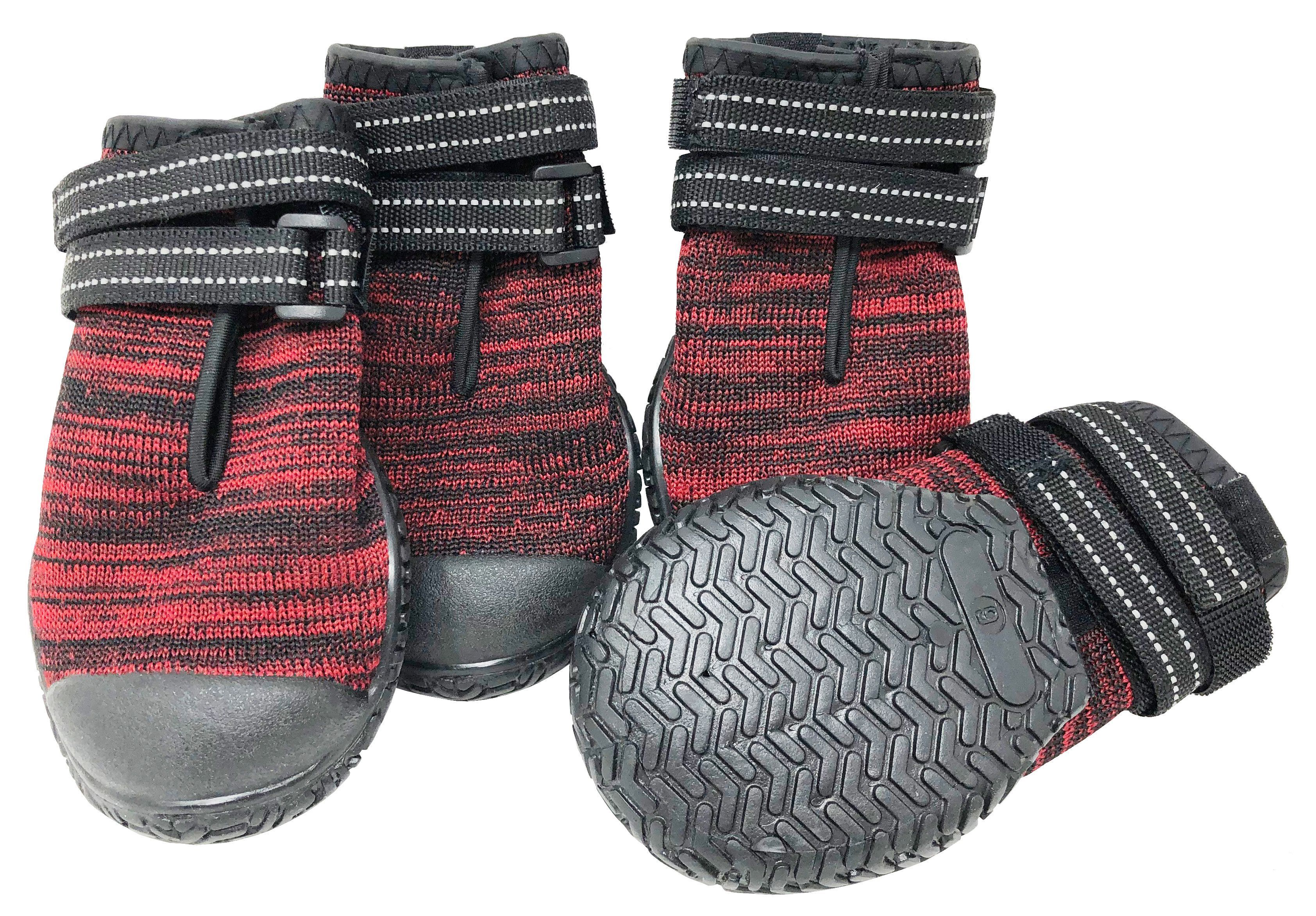 Red and black dog ankle shoes with textured rubber soles and Velcro straps (set of 4)