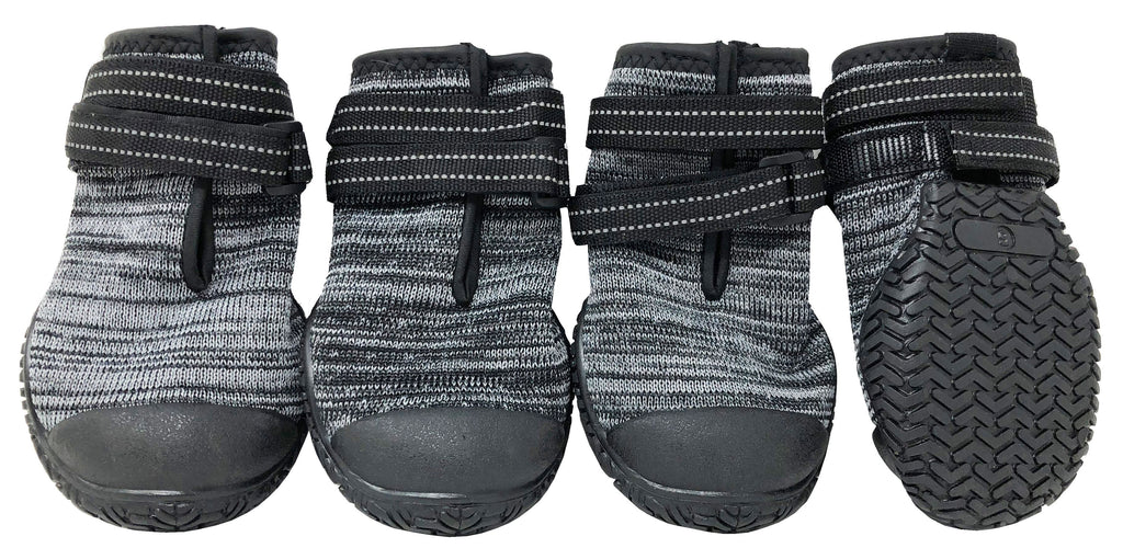 Black/gray dog shoe set: four ankle boots, grip soles facing forward, Velcro straps