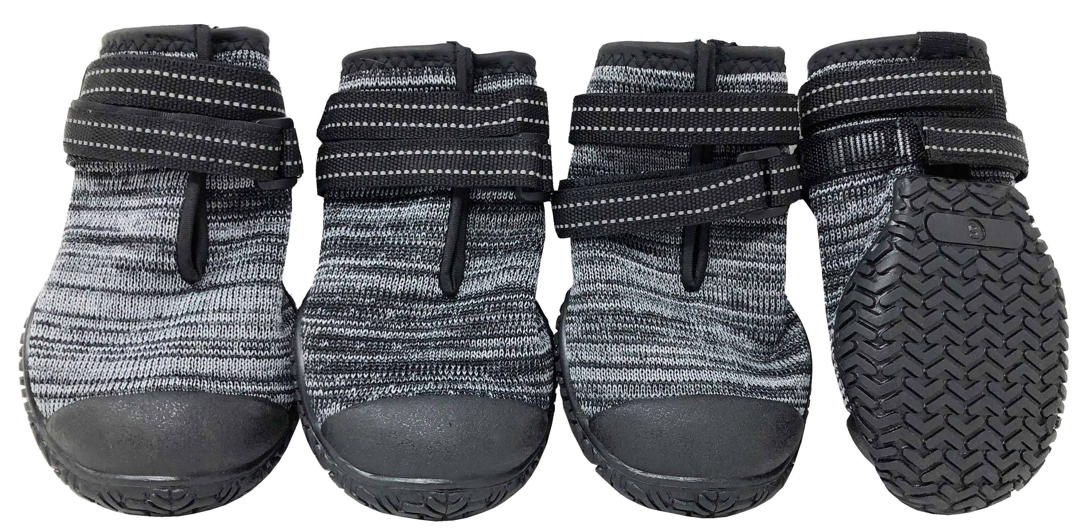 Black/gray dog shoe set: four ankle boots, grip soles facing forward, Velcro straps