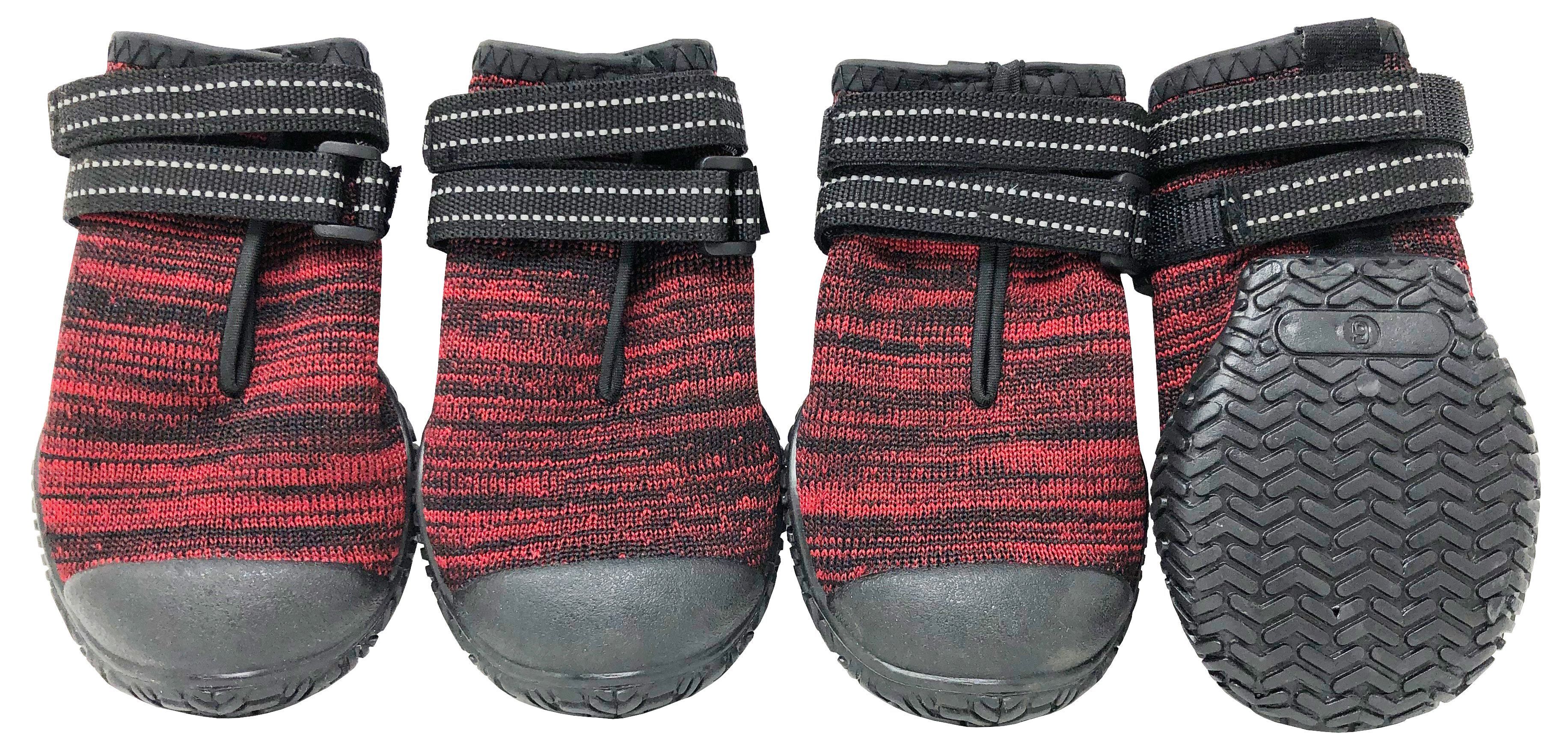 Red/black dog boot set: four ankle shoes, treaded soles outward, Velcro side straps