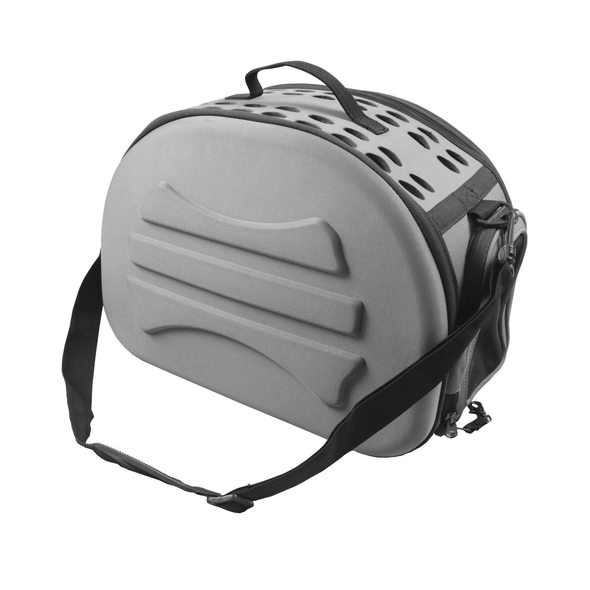 Light grey pet carrier crate with ventilated top and black trim, front access door