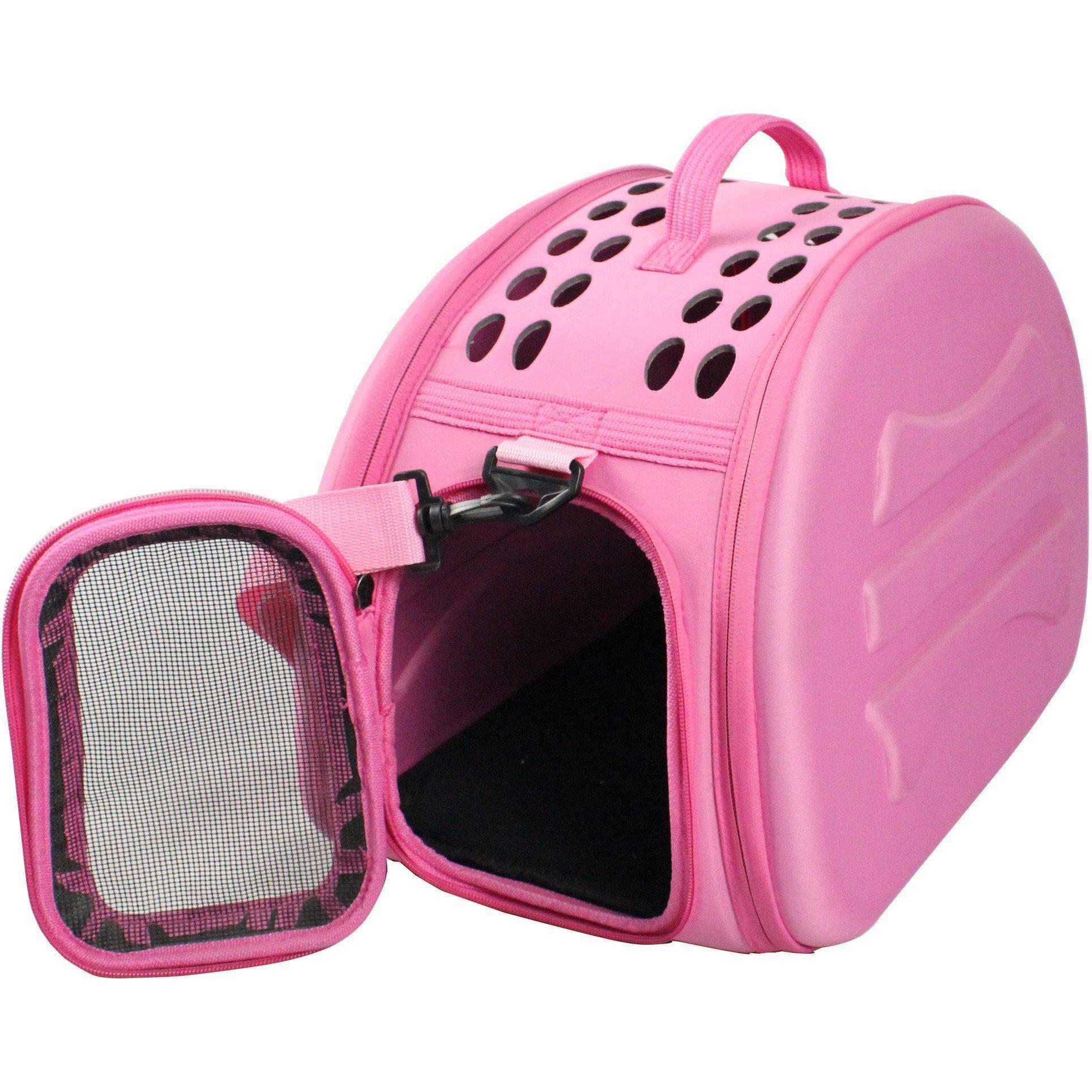 Pink collapsible pet dog carrier with ventilation holes and open front door window