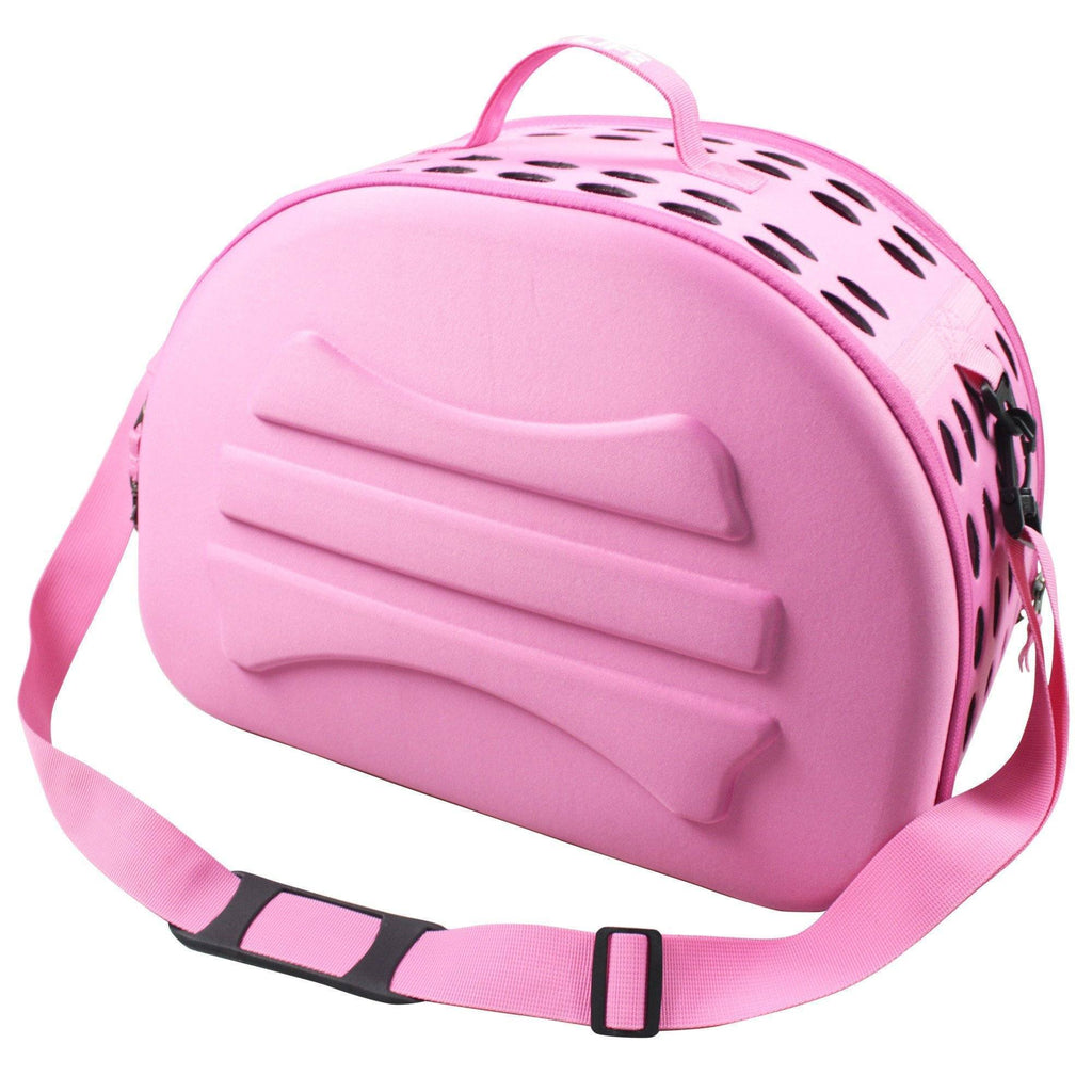 Pink pet carrier crate with vented top and black-trimmed shoulder strap