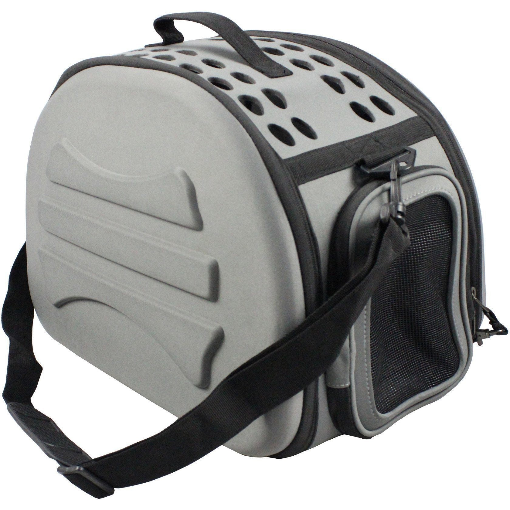Light grey collapsible pet carrier crate with ventilated top holes and side mesh door