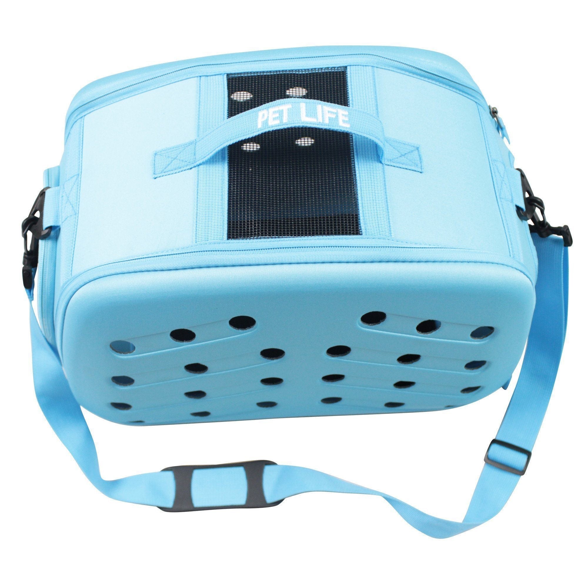 Light blue pet carrier with front mesh window and ventilated perforated lower section