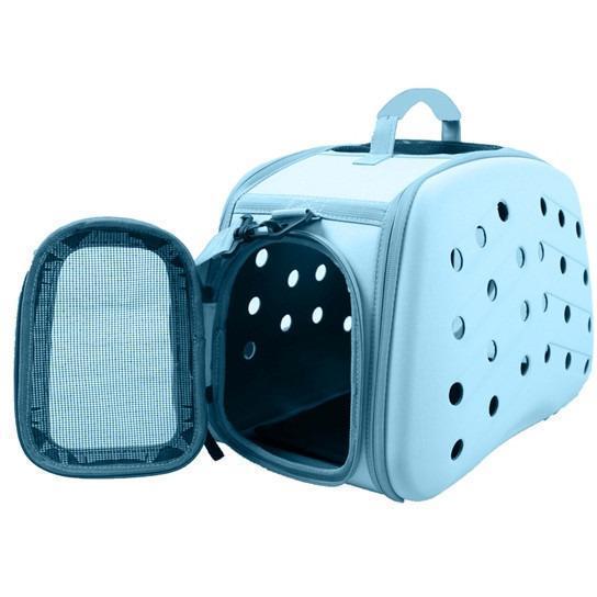 Light blue collapsible pet dog carrier with open front door and ventilated side panels