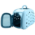 Light blue collapsible pet dog carrier with open front door and ventilated side panels