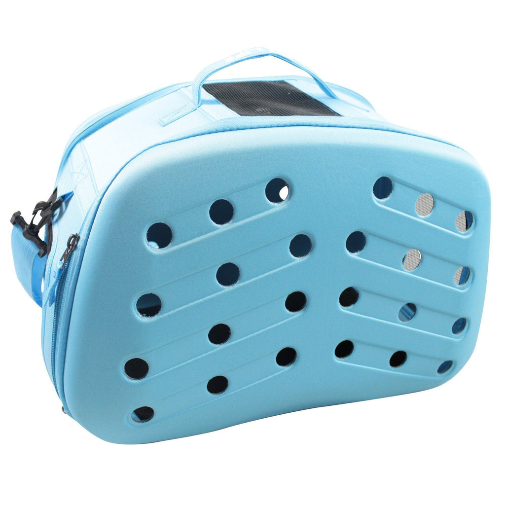 Light blue pet dog carrier end view with oval perforations and top carry handle
