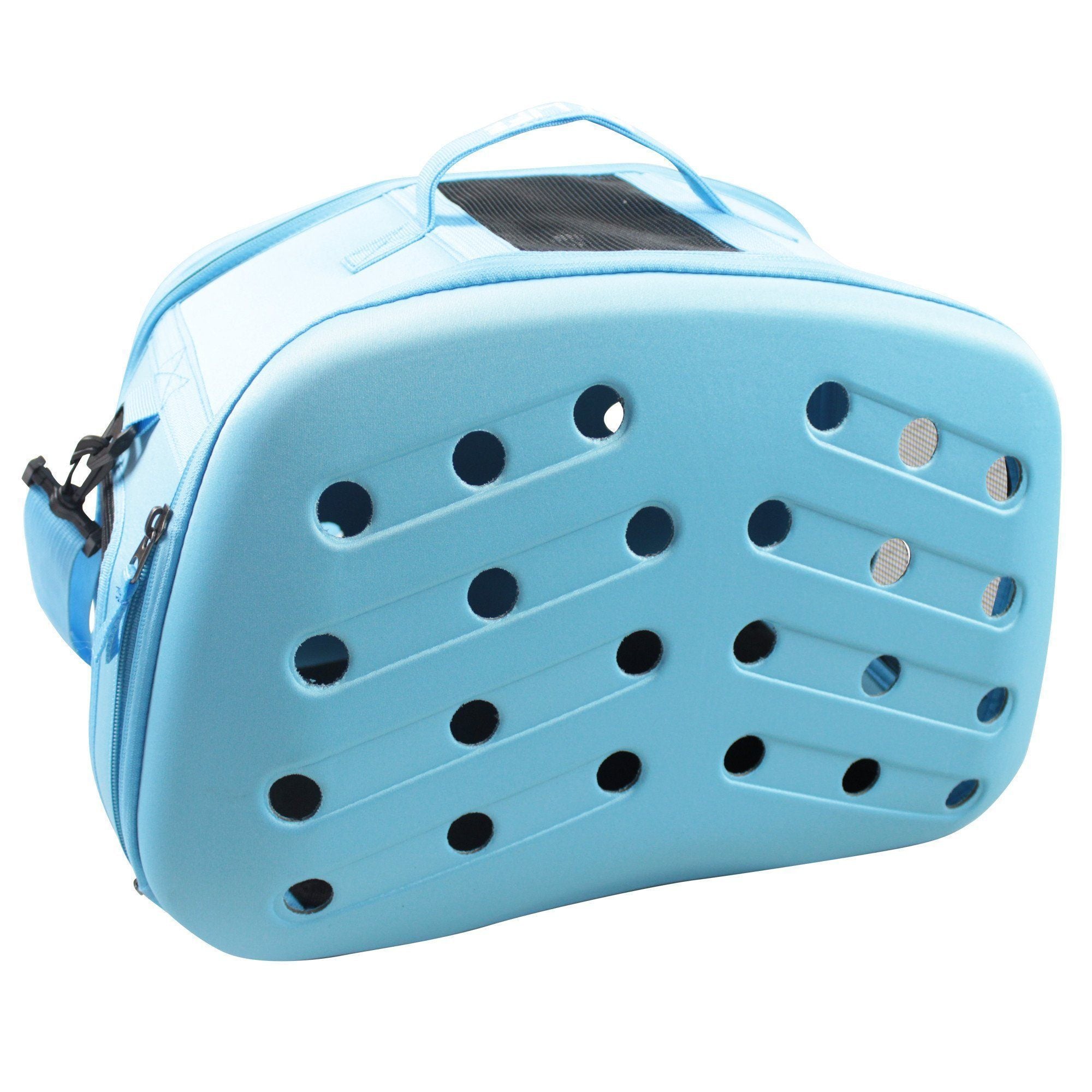 Light blue pet dog carrier end view with oval perforations and top carry handle