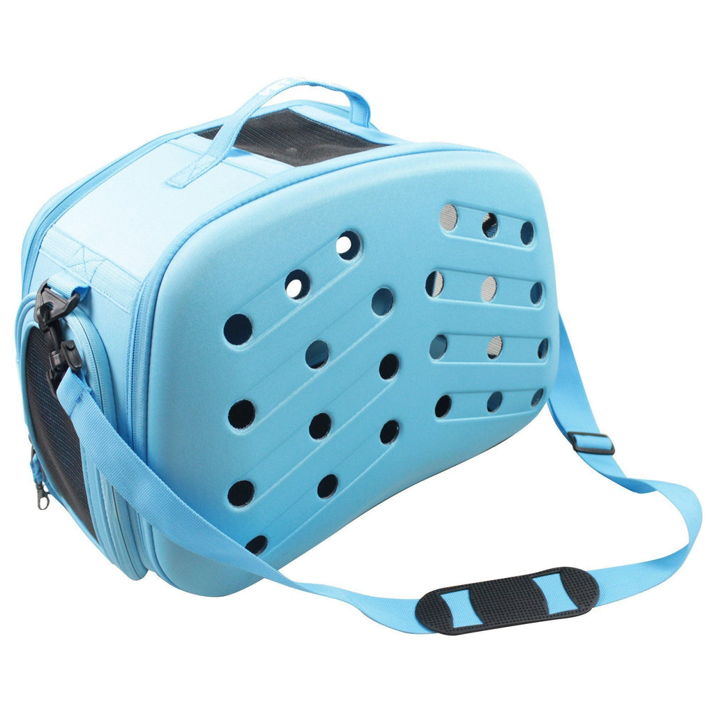 Light blue pet carrier with shoulder strap and multiple oval ventilation holes