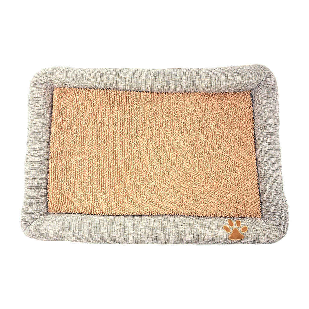 Pet lounge dog bed with light gray bolster, peach-tan inner panel, paw logo