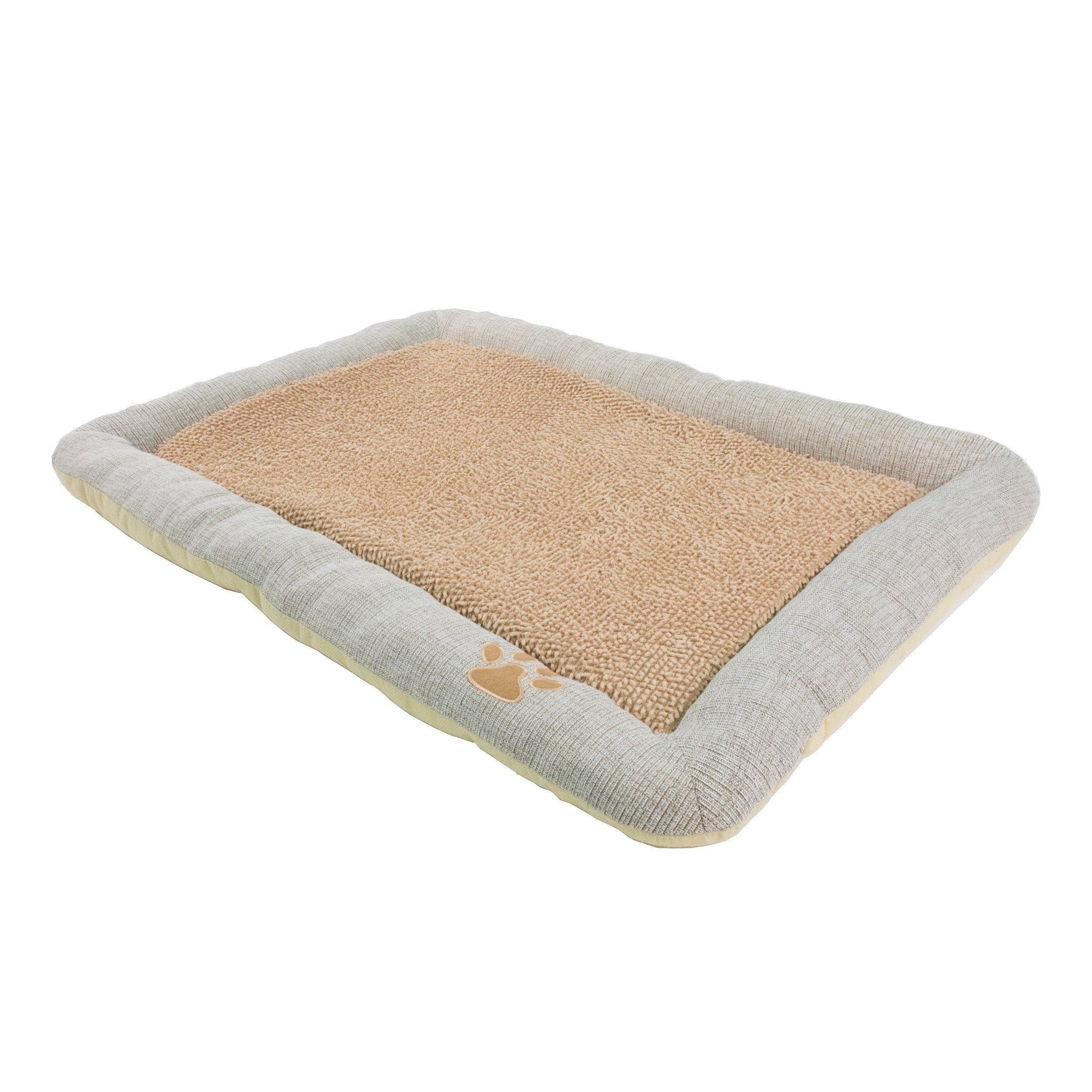 Rectangular pet bed lounge with tan top cushion, light gray sides, paw emblem