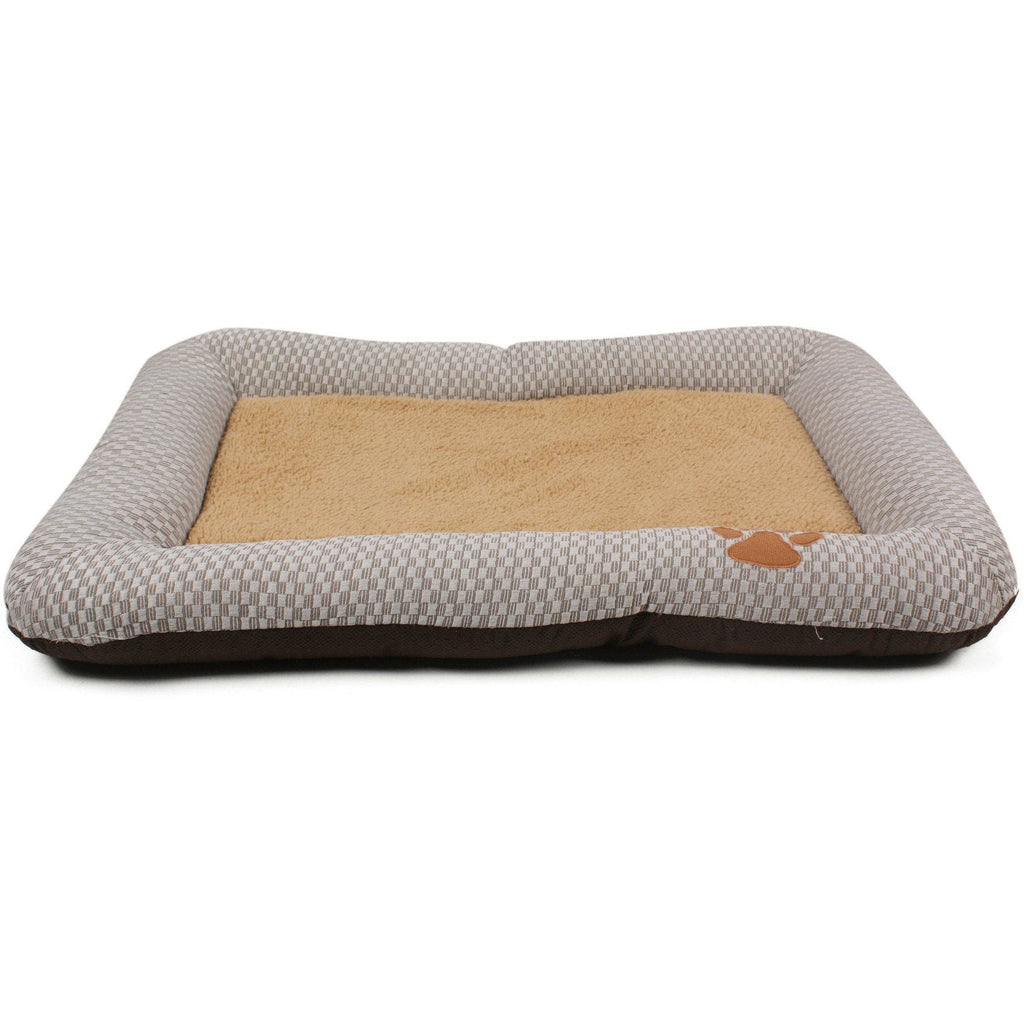 Gray woven pet lounge bed with tan insert and paw print accent on front bolster