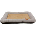 Gray woven pet lounge bed with tan insert and paw print accent on front bolster
