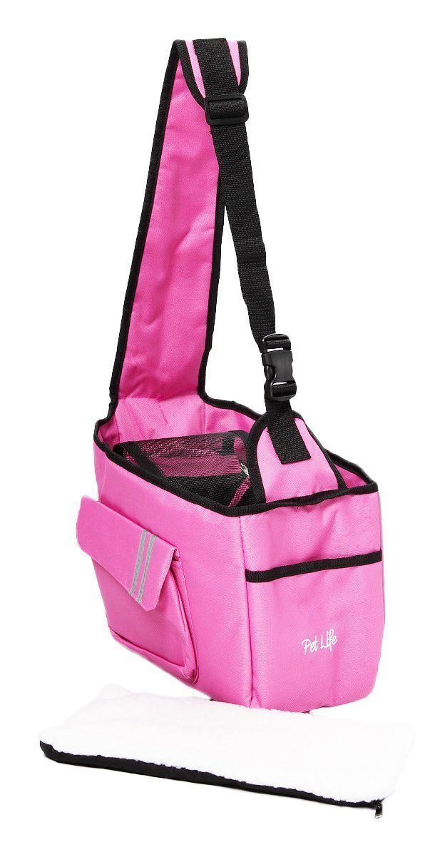 Pink over-the-shoulder dog carrier with front mesh panel and side pouch