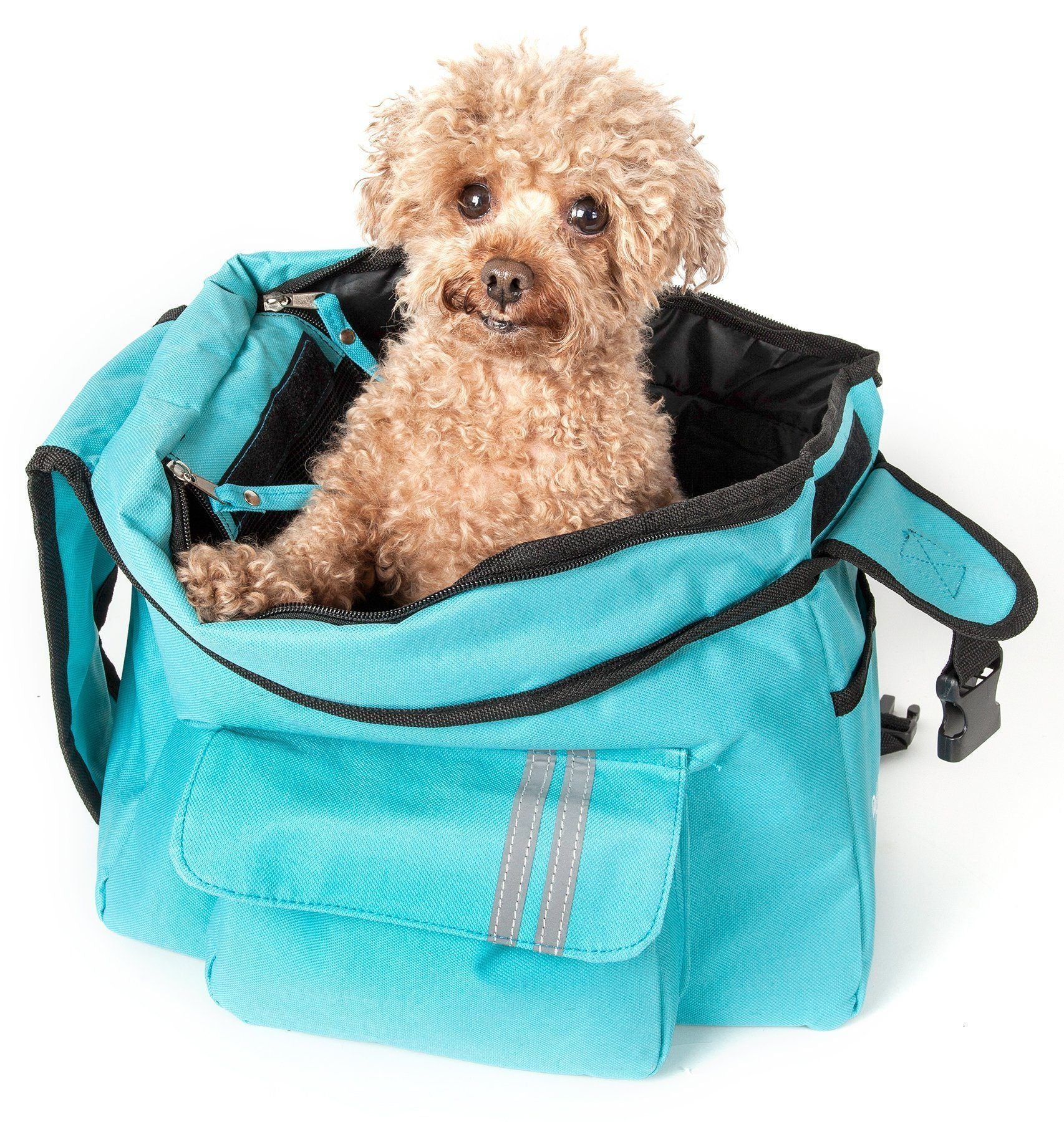 Light blue over-the-shoulder dog carrier with padded support and open front; dog inside
