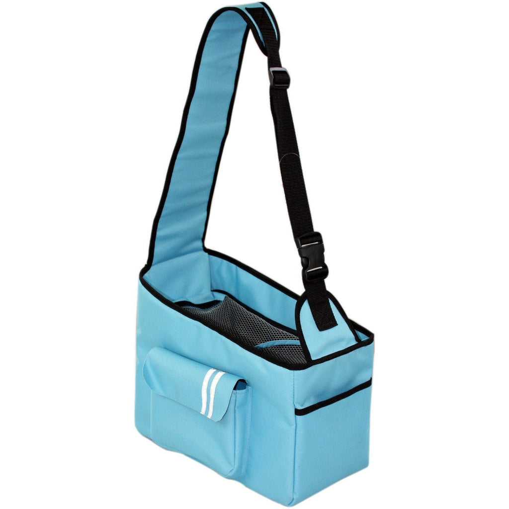 Light blue over-the-shoulder dog carrier with mesh front pocket and adjustable strap