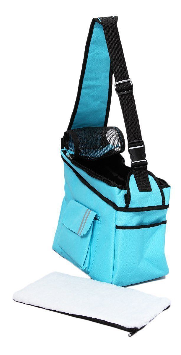 Light blue over-the-shoulder dog carrier with front mesh panel and side pouch