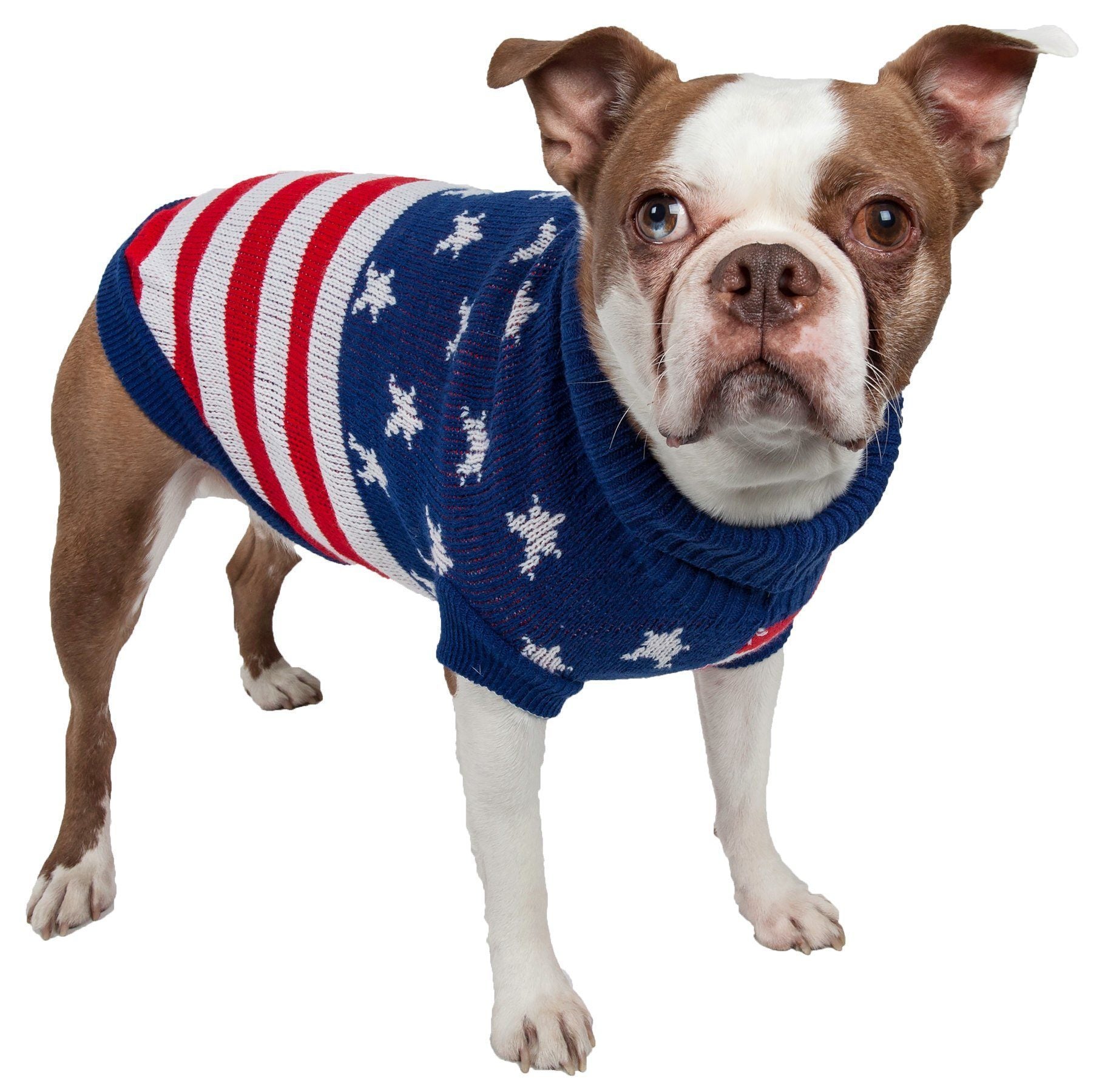 Blue ribbed turtleneck dog sweater with red/white stripes and white star pattern