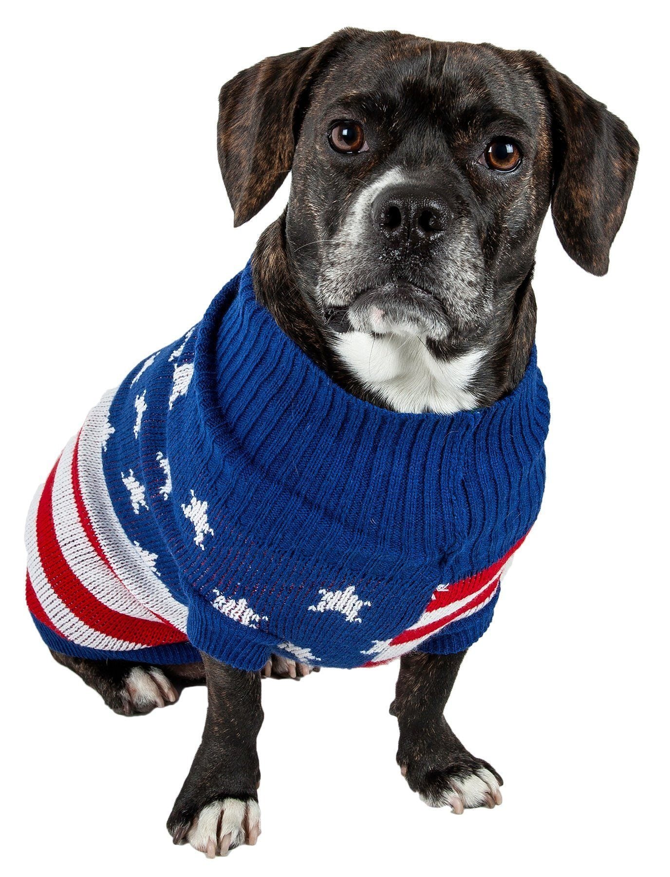 Blue knitted dog sweater with striped body and white star motifs, ribbed turtleneck