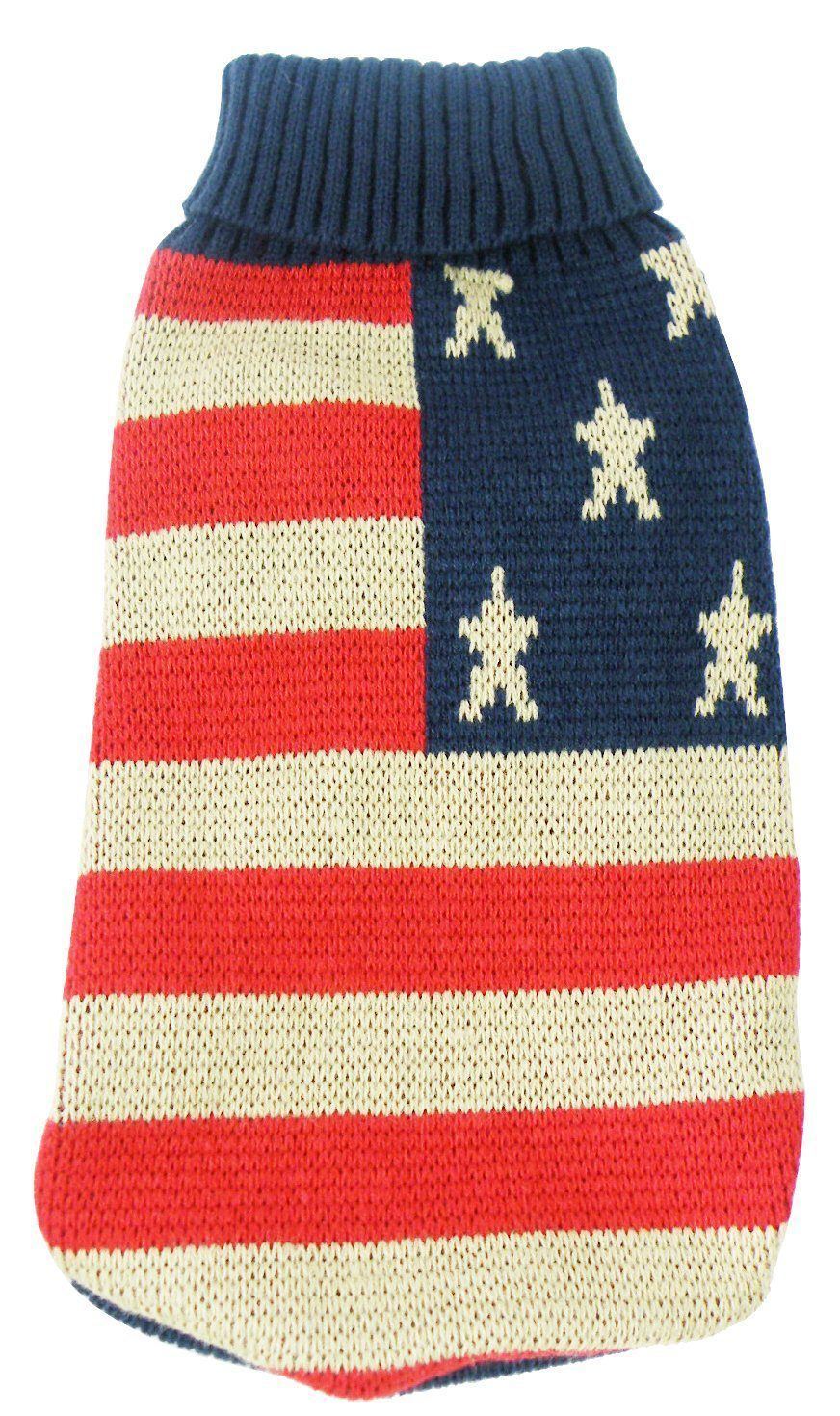 Back view: navy dog sweater with ribbed turtleneck, red/cream stripes, cream star motifs
