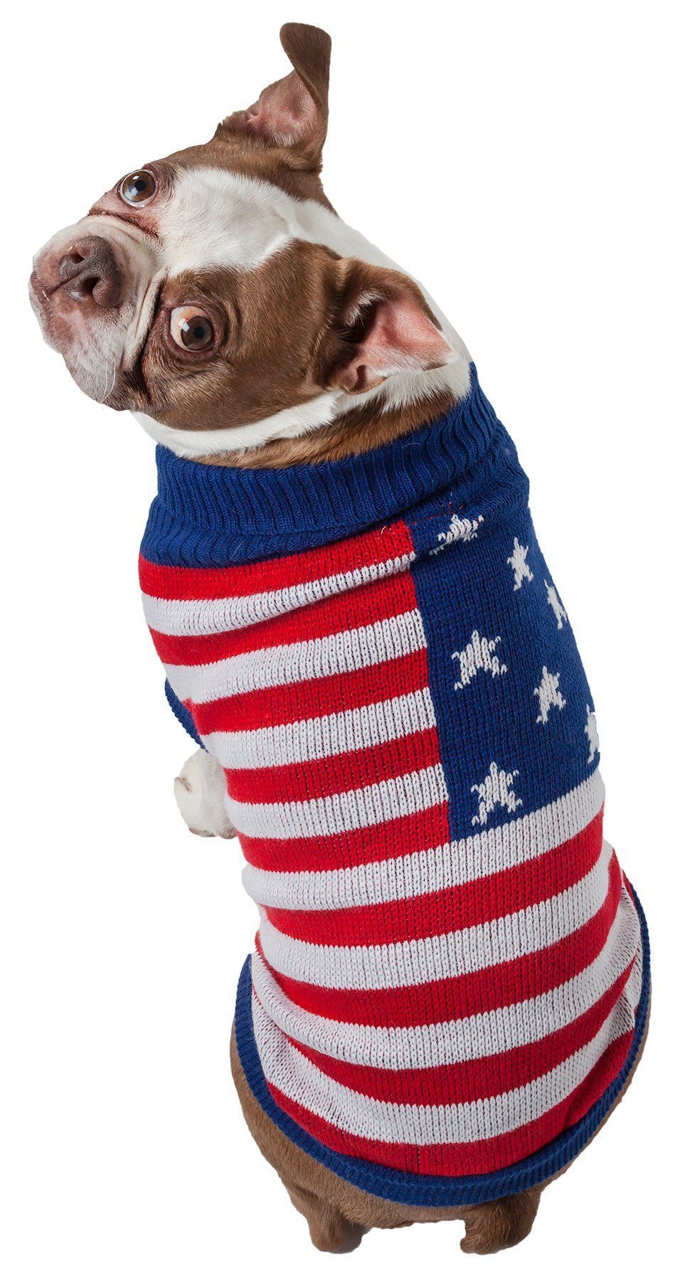 Ribbed turtleneck dog sweater in blue, red, and white stripes with white stars
