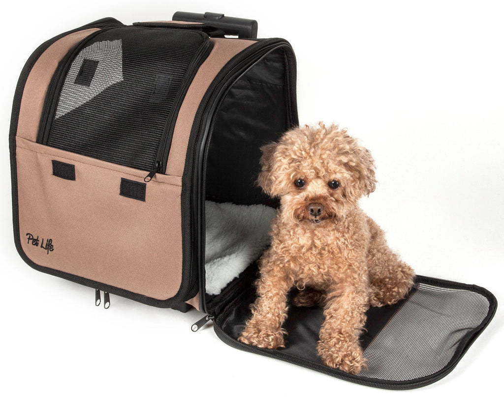Khaki wheeled dog carrier with mesh front window, collapsible seat and open doorway