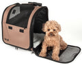 Khaki wheeled dog carrier with mesh front window, collapsible seat and open doorway