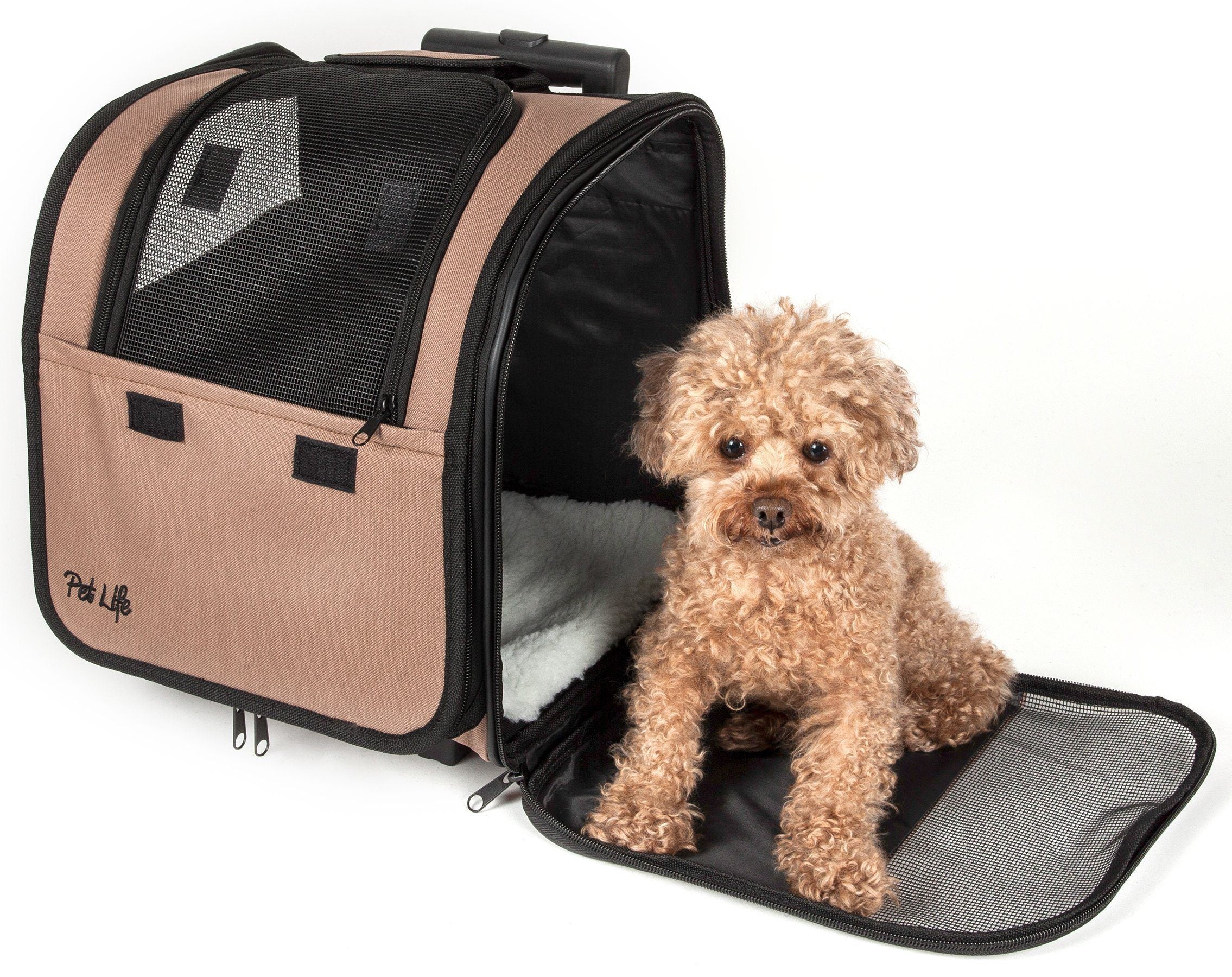Khaki wheeled dog carrier with mesh front window, collapsible seat and open doorway