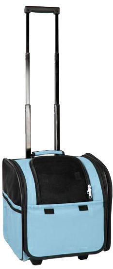 Light blue rolling pet carrier with upright telescoping handle and zip side panel