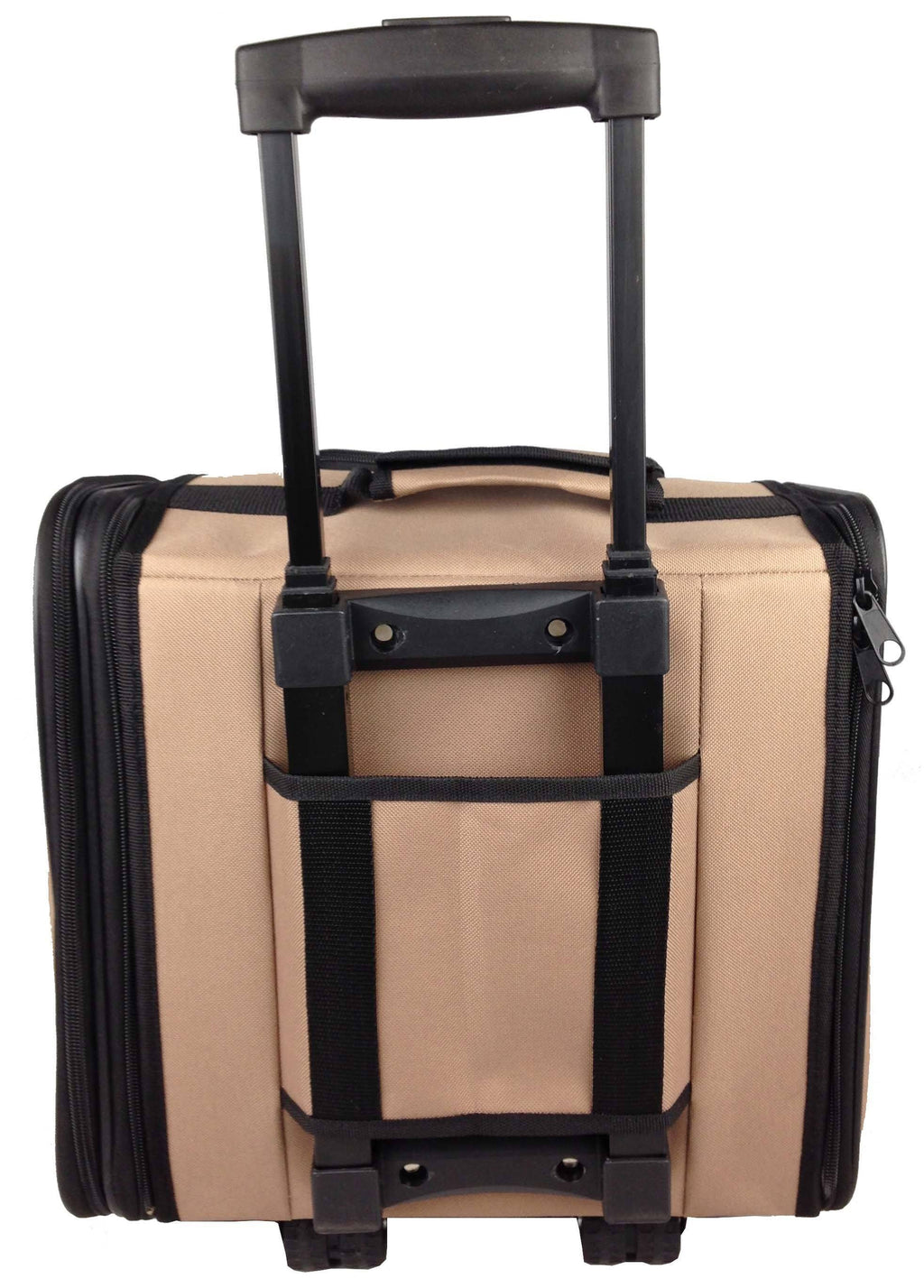 Khaki wheeled collapsible airline-approved dog carrier with upright handle