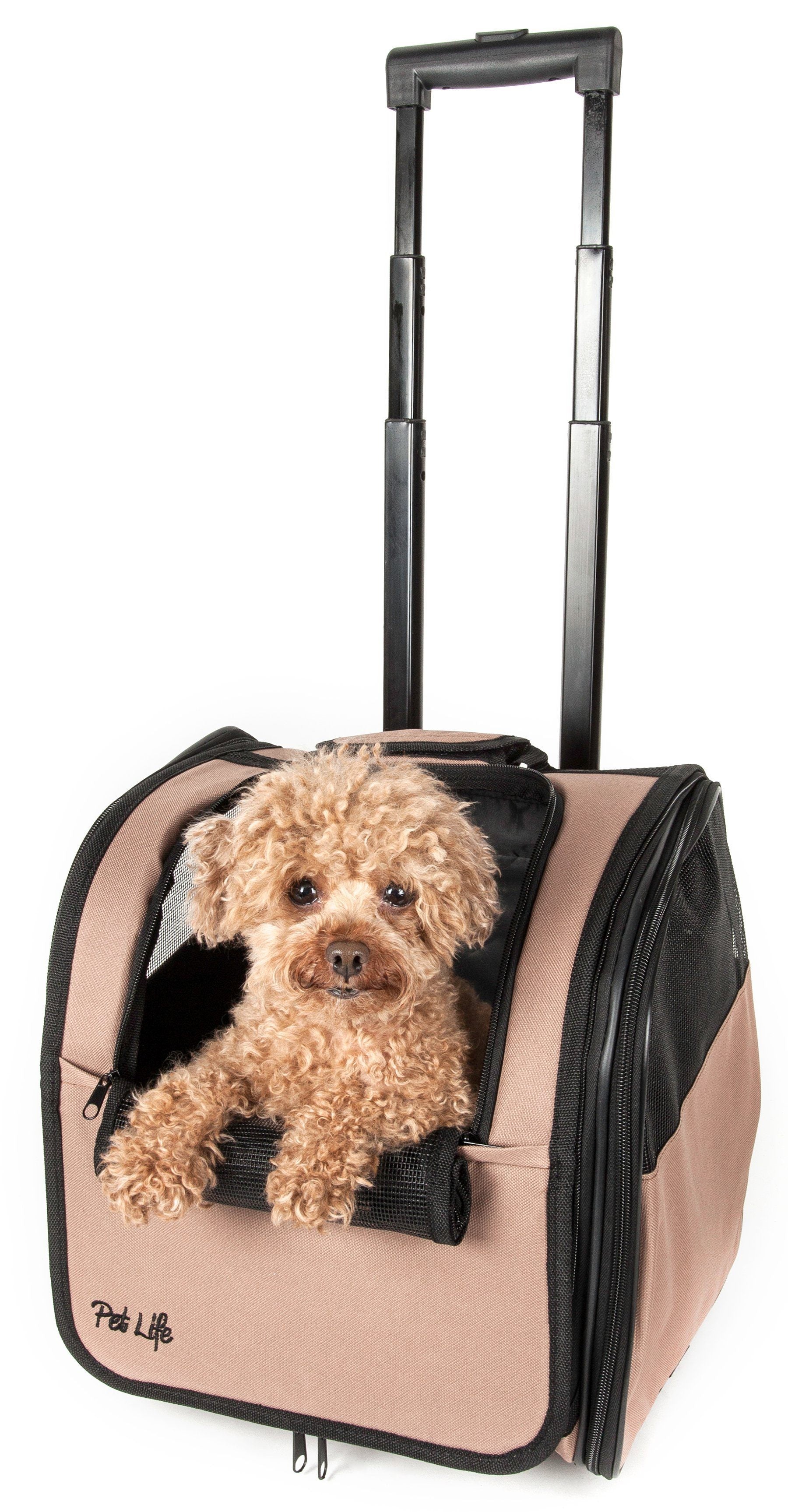 Khaki wheeled dog carrier on rolling frame with mesh side window and door flap