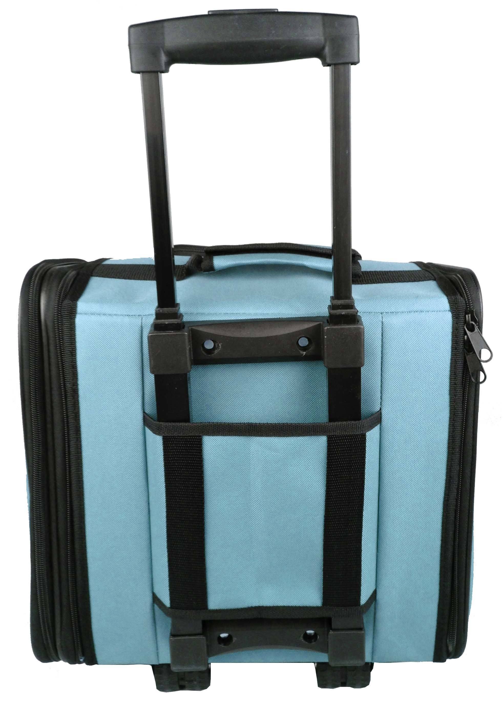 Light blue wheeled pet carrier showing handle frame and front support straps