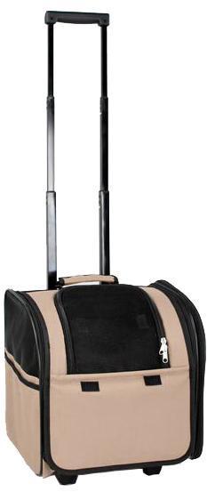 Khaki rolling pet carrier with upright telescoping handle and zip side panel
