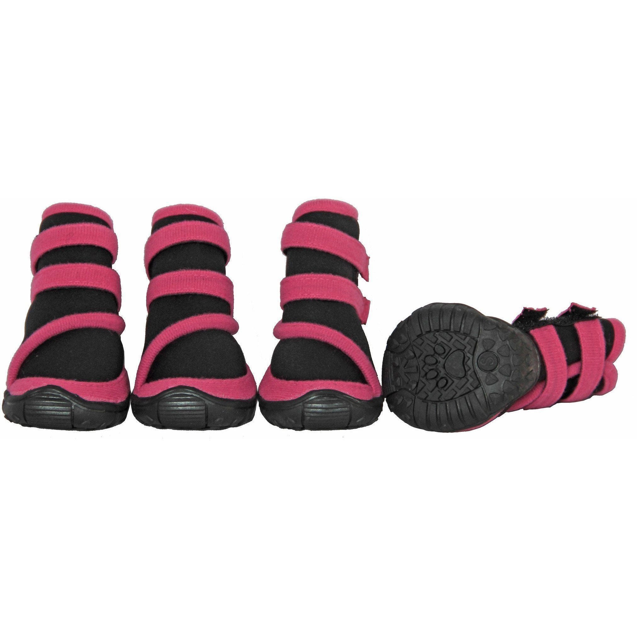 Set of 4 black dog booties with pink high ankle straps and textured rubber soles