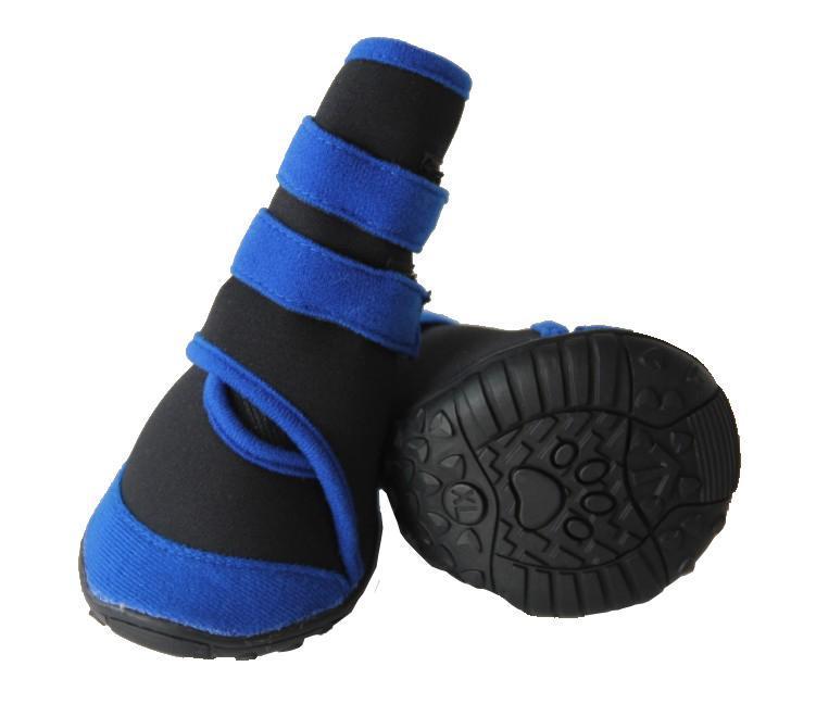 Blue dog shoes with black high ankle straps and textured rubber non-slip soles