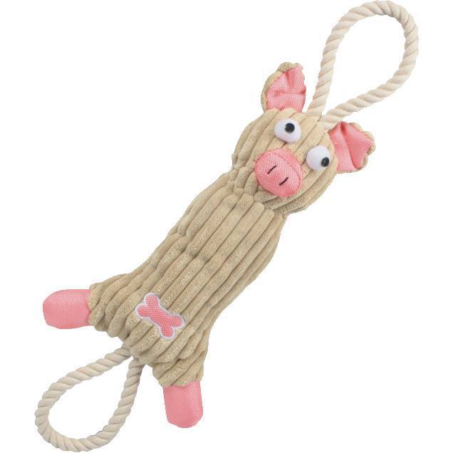 Pink plush cow jute rope tug toy with heart belly patch and pink ear bows