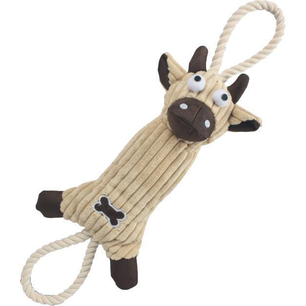 Brown plush cow jute rope tug toy with bone patch and dark snout