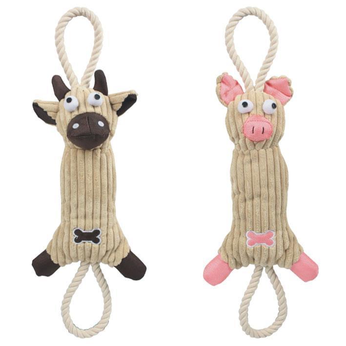 Plush cow jute rope tug toy, brown with bone tag; pink version with bow ear patches