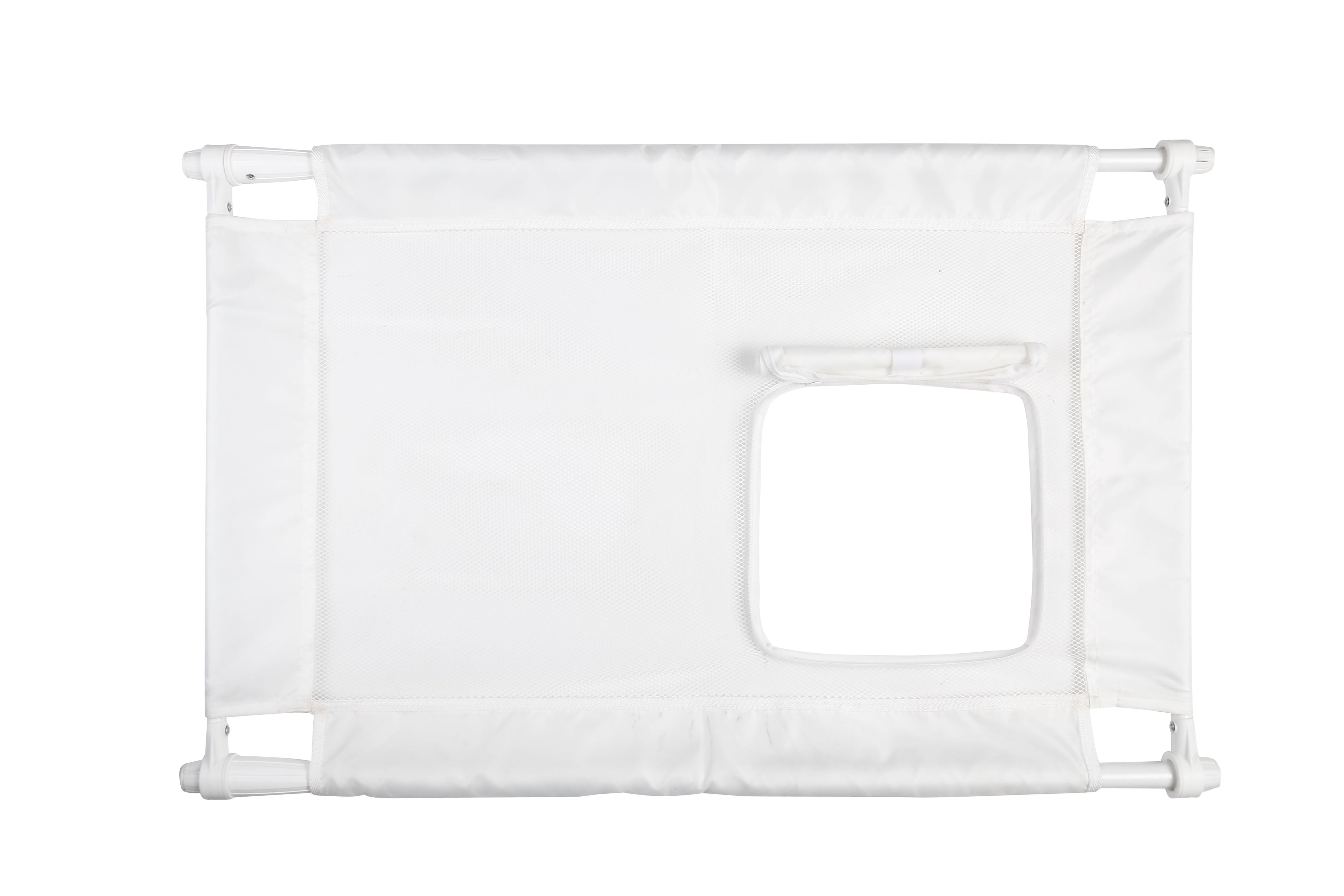 White collapsible nylon mesh pet safety gate with zippered entrance window