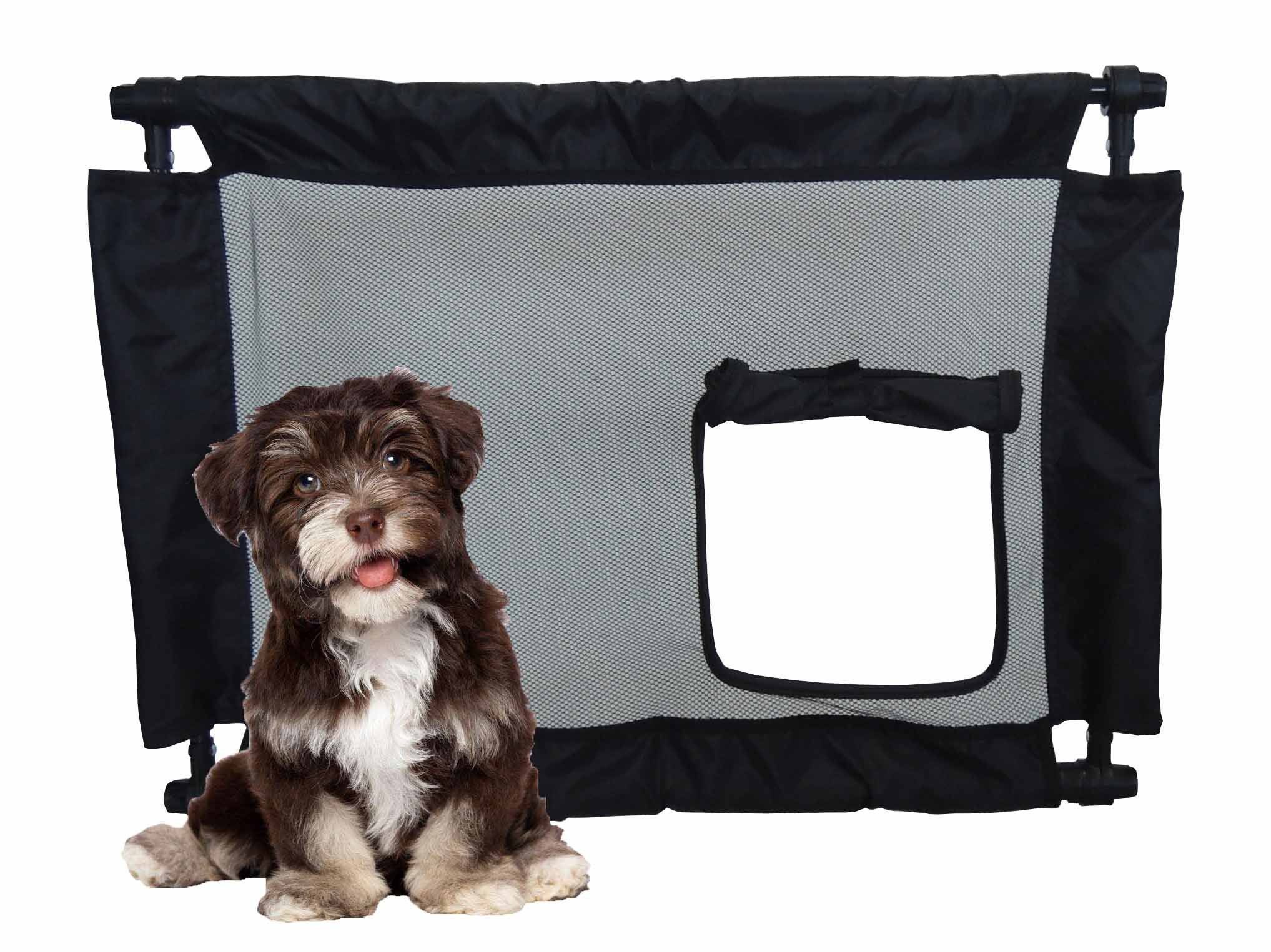 Collapsible pet safety gate, black nylon mesh with square zip door, with sitting dog