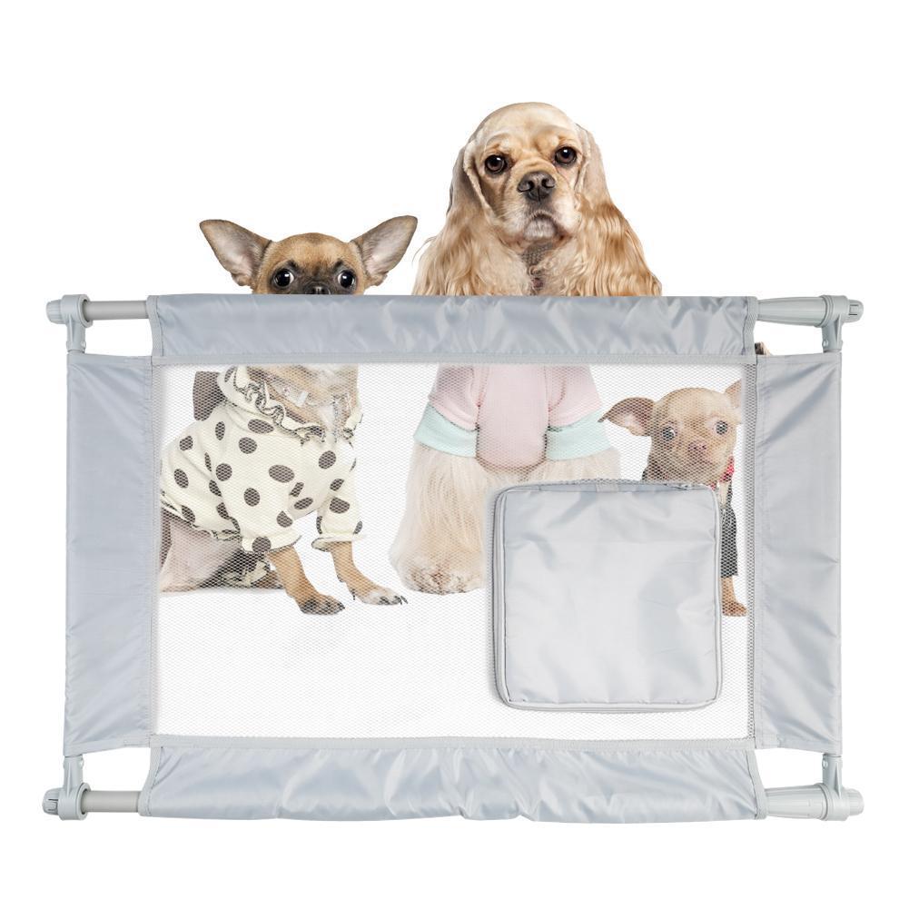 Collapsible pet safety gate, light blue nylon mesh with square zip door, with dogs inside